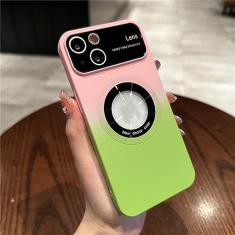 Capa de cor gradiente de janela grande para iPhone 14 Pro Max 13 12 11 Plus Capa protetora magnética de câmera de carregamento sem fio, rosa verde, para iPhone 11ProMax