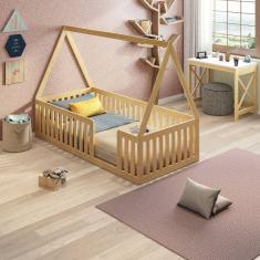 Cama Montessoriana Solteiro Com Grade e Telhado Giulia Casatema Natural