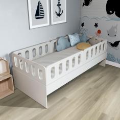 Cama Solteiro Mdf BP Branco com 04 Grades e Cabeceira Megamobilia