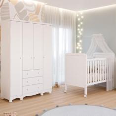 Quarto Bebê Completo Berço Americano 2 em 1 Cloe Guarda Roupas 4 Portas 3 Gavetas Junior 100% MDF
