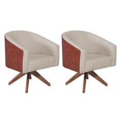 kit 02 Poltronas Luiza Base Giratória de Madeira Sintético Nozes e Lin