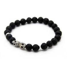 Pulseira de Pedra Lava Vulcânica Caveiras Gêmeas Prata