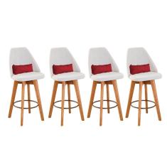 Kit 04 Banquetas Linho Bege E Almofada Sintético Vermelho