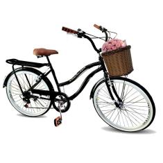 Bicicleta feminina aro 26 cesta tpo vime retrô 6 marchas pto