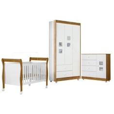 Quarto de Bebê com Berço Mini Cama, Cômoda 1 Porta 4 Gavetas e Guarda Roupa 3 Portas 2 Gavetas Branco/madeirado Ypê