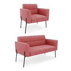 Sofá Namoradeira E Poltrona Pé De Ferro Preto Para Sala Elisa Suede D03 - D'rossi Cor Rose