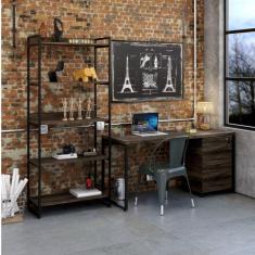Conjunto Home Office Industrial 3 Peças 1 Escrivaninha 1 Estante e 1 Gaveteiro Kuadra Compace Carvalho Dark
