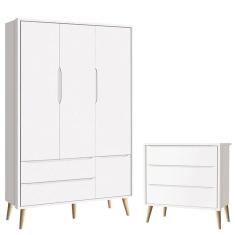 Cômoda Gaveteiro Infantil e Guarda Roupa 3 Portas Theo Branco Acetinado Pés Madeira Natural – Reller