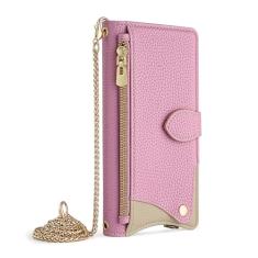 HAO RIYLN Capa carteira para Samsung Galaxy S24 Ultra/S24 Plus/S24, capa de telefone flip de couro elegante com compartimento para cartão com zíper espelho corrente de metal capa à prova de choque,