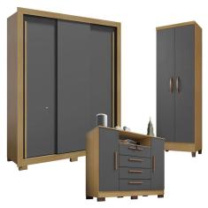 Guarda Roupa Solteiro Nevoa Flex 3 Portas de Correr com Cômoda Madri e Armário Multiuso Egito Carvalho Americano Grafite - Incorplac