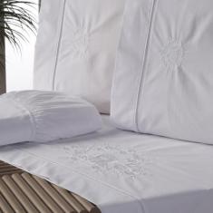 Jogo Lençol Queen Bordado Crivo 4 Peças 200 Fios 100% Algodão Percal -