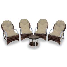 Conjunto de Poltronas Fibra Sintética Paris Alumínio - 4 Poltronas + 1 Mesa Centro - Tecido Duna Deserto