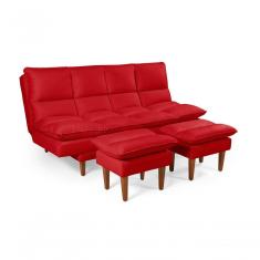 Sofá Cama Andorra 3 Lugares Império Reclinável Casal Pés Madeira Com Banqueta Suede Vermelho