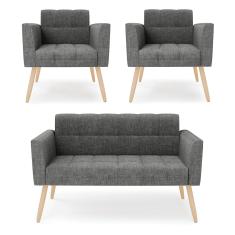Kit 1 Sofá Namoradeira e 2 Poltronas Elisa Linho Grafite A26 Pés Palito Natural D03 - D'Rossi