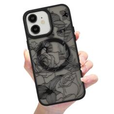 Eiyikof Capa magnética fosca translúcida compatível com iPhone 11 - Capa MagSafe luxuosa à prova de choque com estampa de flores fofas capa traseira rígida para mulheres e meninas - floral preta