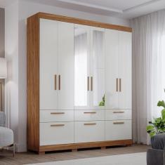 Guarda-roupa Casal com Espelho 6 Portas de Bater 1 Basculante 5 Gavetas Mdf Coimbra Espresso Móveis Cinamomo/Off White