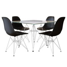 Mesa de Jantar Vidro com 4 Cadeiras Pretas Eames Eiffel Quadrada 90cm 