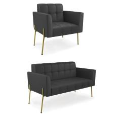 Sofá Namoradeira E Poltrona Base Pé De Ferro Dourado Elisa Corino D03 - D'rossi Cor Preto