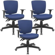 Kit 03 Cadeiras De Escritório Executiva Office Giratória Preto Baixa Flexi P03 Vinil Azul - Lyam
