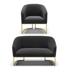 Sofá Namoradeira e Poltrona Industrial Dourado Stella Suede Preto D03 