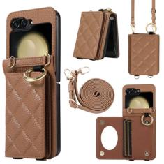 Capa de telefone com cordão crossbody para Samsung Galaxy Z Flip 5 4 3 Flip5 Flip4 Flip3 5G Espelho Anel Suporte para cartão Capa de couro, marrom, para Galaxy Z Flip4