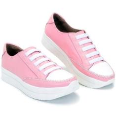 Tênis  Feminino Rosa e Branco Couro Legítimo Ajuste Elástico-Feminino