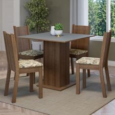 Conjunto de Jantar Samara 4 Lugares Tampo em MDP com Cadeiras Estofadas Floral Lírio Bege Marrom 90x90cm
