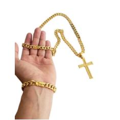 Kit Cordão Pulseira Pingente Cruz 10mm PitBull Banhado Ouro - Vip Jóia