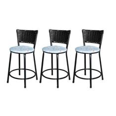 Jogo 3 Banqueta Baixa Para Cozinha Ratan Preta Estofado Floral - Lamar