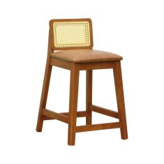 Banqueta Média Gabi Madeira Maciça Telinha Natural - Amêndoa Assento Estofado Corano Marrom Mescla