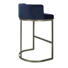 Banqueta Alta Estofada Estrutura Aço Carbono Belly Ii Base Champagne 75cm Suede Azul