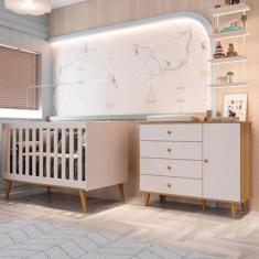 Quarto de Bebê Berço 3 em 1 Retrô Ludmila Cômoda com Fraldário Ligia Off White Carolina Baby
