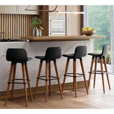 Kit 4 Banquetas Altas Luxo Linea Aço Preto Linho Preto Preto