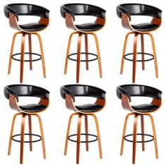 Kit 6 Banquetas Giratória Alta com Encosto Base Madeira Ravi R02 PU Preto - Mpozenato