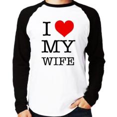 Camiseta Raglan I Love My Wife Manga Longa - Foca na Moda, Branco, Pre