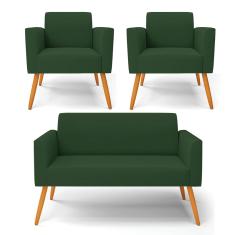 Sofá Namoradeira com 2 Poltronas Pés Palito Castanho Marisa Veludo Verde D03 - D'Rossi