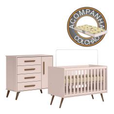 Quarto de Bebê Qencanto com Cômoda e Berço Qmovi Rosa + Colchão Gazin