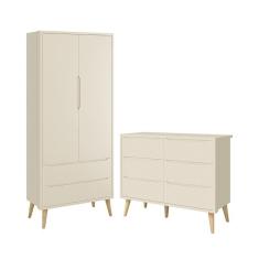 Jogo de Quarto Infantil Theo Guarda Roupa 2 Portas e Cômoda 6 Gavetas com Pés Madeira Natural - Reller Móveis