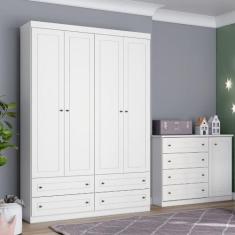 Quarto de Bebê Guarda-Roupa 4 Portas 4 Gavetas e Cômoda 4 Gavetas 1 Po