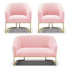 Namoradeira e 2 Poltronas Base Industrial Dourado Stella Suede Rosa Bebê D03 - D`Rossi