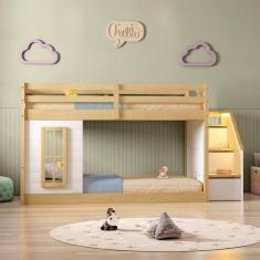 Beliche Infantil Montessoriana Garden com Escada Lateral Kit Travessas Proteção,janela Casatema Branco/Natural