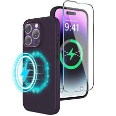 Niunisi Capa magnética compatível com iPhone 14 Pro de 6,1 polegadas com protetor de tela, capa de silicone protetora de câmera de metal compatível com Magsafe, capa protetora para celular de corpo