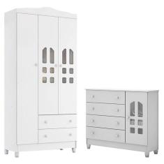 Cômoda Selena e Guarda Roupa Infantil New Selena 3 Portas Branco Brilho – Carolina Móveis