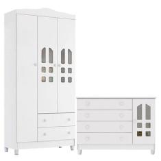 Cômoda Gran Selena e Guarda Roupa Infantil New Selena 3 Portas Branco Brilho – Carolina Móveis