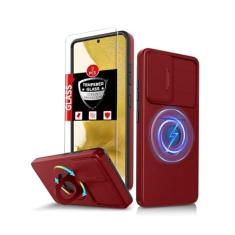 FRLMOOES Capa magnética para Samsung Galaxy S22 compatível com carregamento MagSafe sem fio, com protetor de tela, anel de suporte integrado + capa para câmera, antiarranhões, à prova de choque