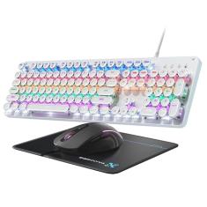 Teclado e mouse mecânicos para jogos de máquina de escrever, painel de metal retrô com botão redondo, interruptor azul, retroiluminado por LED arco-íris 104 teclas, mouse e pad antirfantasma para PC