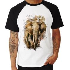Camiseta Raglan Elefante Watercolor - Foca na Moda, Branco, Preto, GG