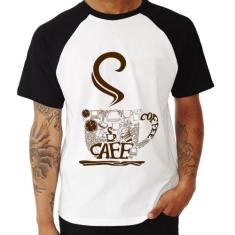 Camiseta Raglan Café Coffee - Foca na Moda, Branco, Preto, M