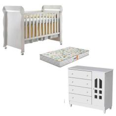 Berço Americano Mirelle E Cômoda Infantil Selena Branco Brilho Com Col