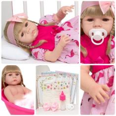 Boneca Bebê Reborn Loira Vestido Flamingo Kit 13 Acessórios - Cegonha 